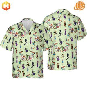 Front and back view of the 70s Witches Cartoon Characters Hawaiian Shirt, highlighting the detailed cartoon witch illustrations on a light green background.