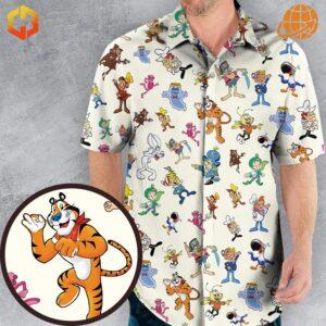 Man wearing 80s 90s Commercial Mascot Cereal Hawaiian Shirt with colorful cartoon characters