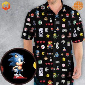 Front view of the 80s Nostalgia Game Characters Hawaiian Shirt, showcasing vibrant 8-bit designs of retro gaming characters and symbols on a black background.