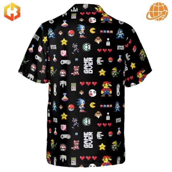 Back view of the 80s Nostalgia Game Characters Hawaiian Shirt, highlighting pixelated gaming characters, power-ups, and controllers on a sleek black base.