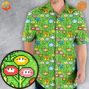 Close-up of the 8bit Flower Garden Super Mario Pattern Hawaiian Shirt fabric, showing detailed pixelated Fire Flowers, Mystery Blocks, and vibrant tropical colors.