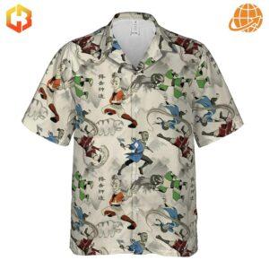 Full view of Avatar: The Last Airbender Hawaiian shirt with all-over character print on light beige fabric.