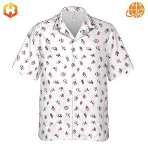 Ace Ventura Tutu Shirt Pop Culture Hawaiian Shirt hanging, showing full front design with pink and black shapes