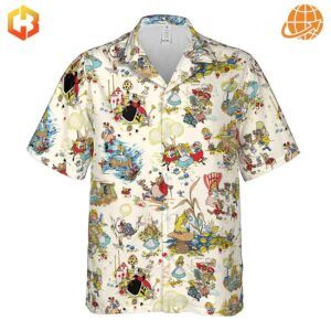 Flat lay of Alice In Wonderland Pattern Hawaiian Shirt showing full design with characters and scenes on cream background.