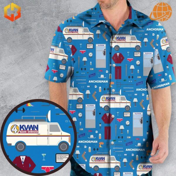 Model wearing the Anchor Chic Anchorman Hawaiian Shirt with a blue background and Anchorman-themed illustrations.