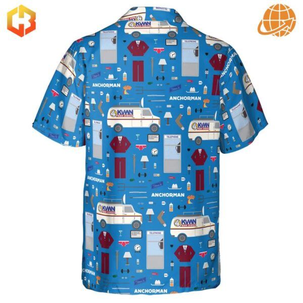 Back view of the Anchor Chic Anchorman Hawaiian Shirt with Anchorman-themed illustrations on a blue background.