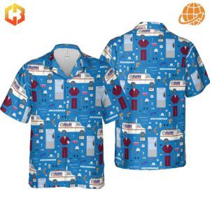 Front and back views of the Anchor Chic Anchorman Hawaiian Shirt with Anchorman-themed illustrations on a blue background.