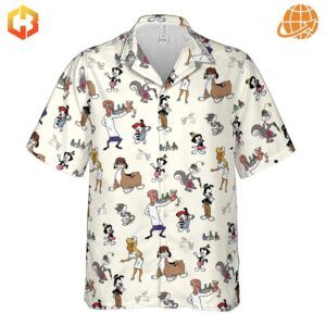 Flat lay of the Animaniacs Characters Hawaiian Shirt with Animaniacs-themed illustrations on a light cream background.