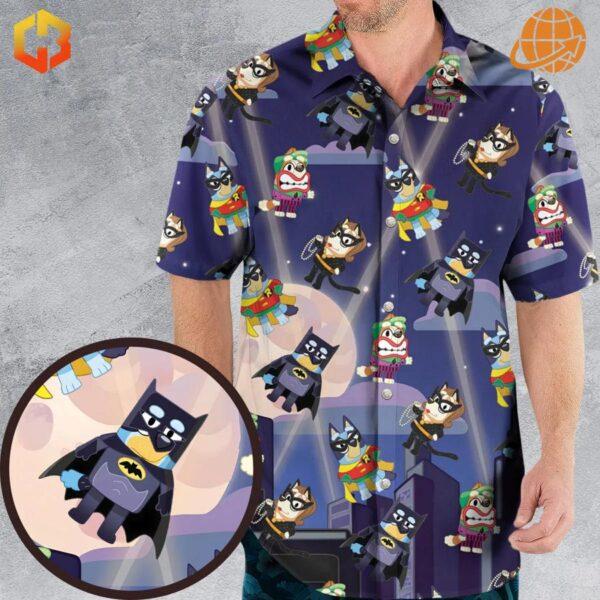 Batman & Robin Bluey Heeler Hawaiian Shirt -Hawaiian shirt with cartoon Batman and sidekicks as Bluey Heeler dogs on a purple night sky background.