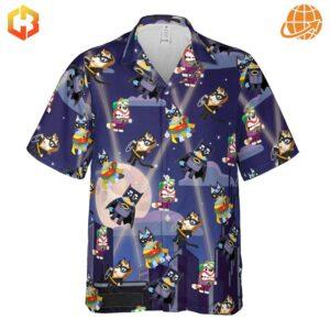 Batman & Robin Bluey Heeler Hawaiian Shirt-Full view of a Hawaiian shirt featuring cartoon Batman characters as Bluey Heeler dogs against a night city backdrop.