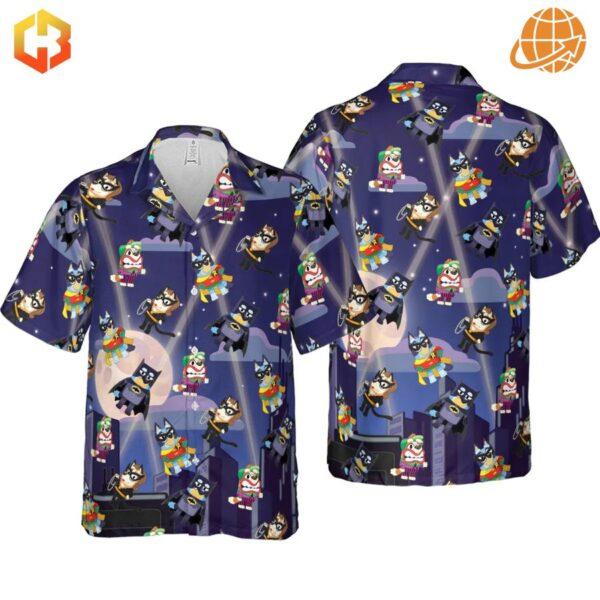 Front and back views of a Hawaiian shirt featuring Batman characters as Bluey Heeler dogs in a night city setting.