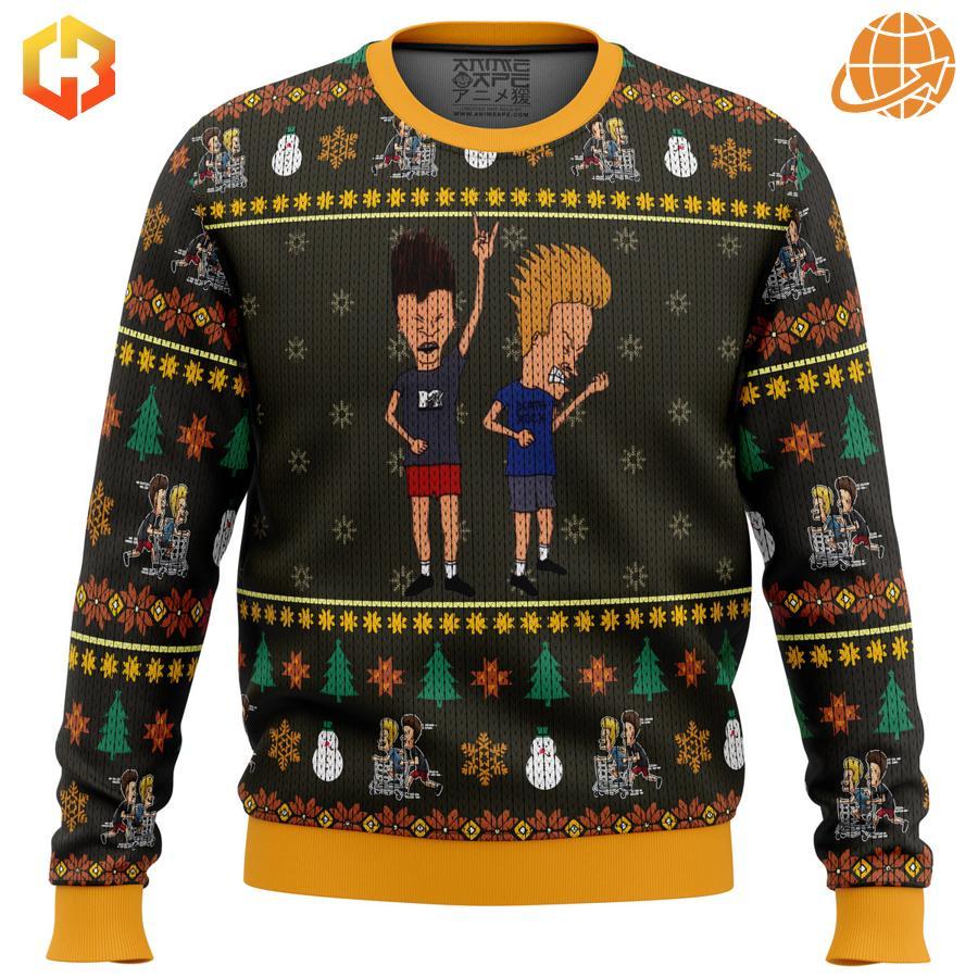 Beavis and Butthead Christmas Sweater featuring nostalgic cartoon design and festive holiday icons.