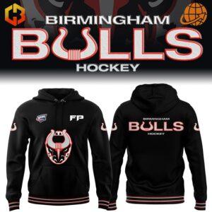 Front and back view of a black Birmingham Bulls Hockey hoodie with team logo and name.