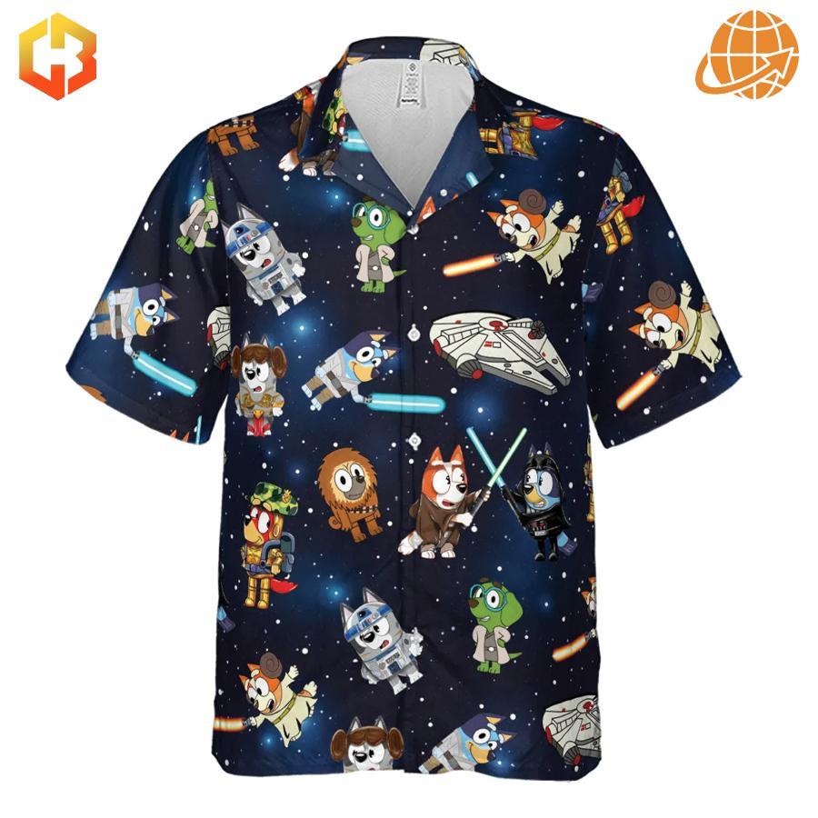 Full view of Bluey Star Wars Hawaiian Shirt with all-over print of cartoon dogs as Star Wars characters.