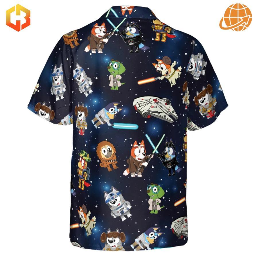 Close-up of Bluey Star Wars Hawaiian Shirt pattern showing cartoon dogs with lightsabers and Star Wars costumes.