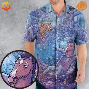 Close-up of Bojack Horseman Hawaiian Shirt with Bojack Horseman underwater design.