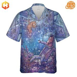 Front view of Bojack Horseman Hawaiian Shirt with Bojack Horseman underwater design.