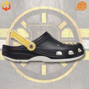 Side view of Boston Bruins Crocs Shoes highlighting the durable, waterproof EVA construction and iconic Bruins logo.