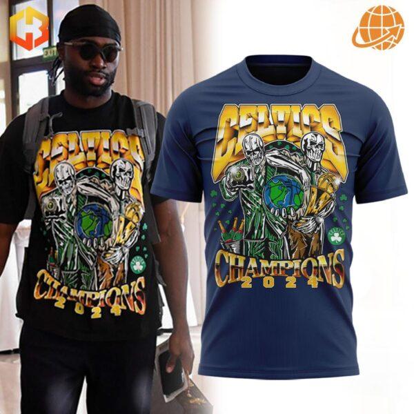 Boston Celtics NBA Champions 2024 T-shirt with skeletal figures and globe design in navy blue and black.