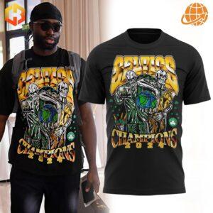 Black Boston Celtics NBA Champions 2024 T-shirt with skeletal figures and globe design.