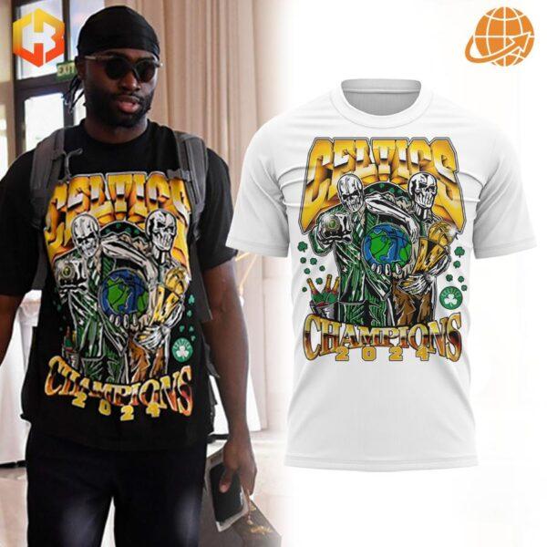 White Boston Celtics NBA Champions 2024 Shirt with vibrant skeletal and globe design.