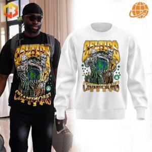 Black Boston Celtics NBA Champions 2024 Sweatshirt with championship graphics featuring skeleton figures holding a basketball globe.