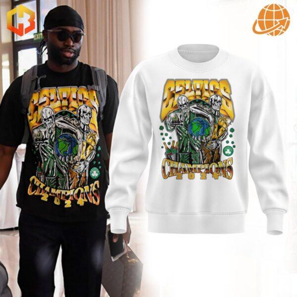 Black Boston Celtics NBA Champions 2024 Sweatshirt with championship graphics featuring skeleton figures holding a basketball globe.