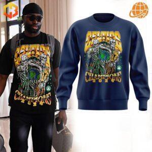 Blue Boston Celtics NBA Champions 2024 Sweatshirt showcasing detailed 3D graphics of skeleton figures and victory text.