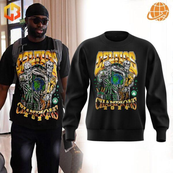 Black Boston Celtics NBA Champions 2024 Sweatshirt featuring 3D printed graphics of skeleton figures holding a basketball globe.