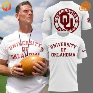 University of Oklahoma Sooners t-shirt design with front and back views, and a coach figure wearing the shirt.