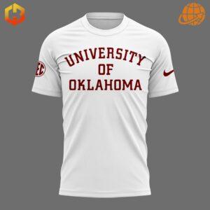 Close-up of University of Oklahoma t-shirt with crimson lettering and SEC logo.