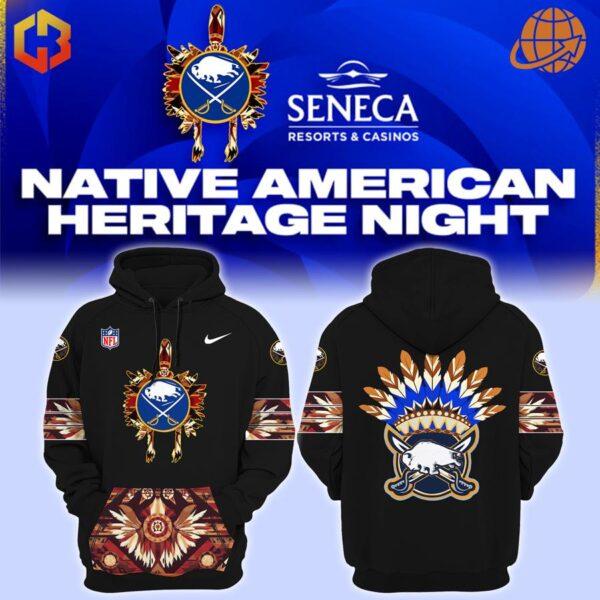 Black Buffalo Sabres Native American Heritage Month Hoodie featuring tribal-inspired logo design and feather headdress artwork