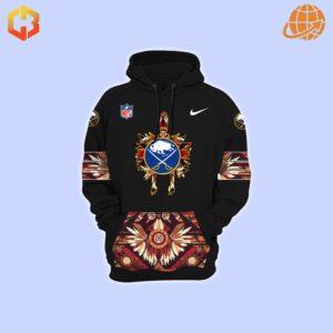 Front view of Buffalo Sabres Native American Heritage Month Hoodie showing decorative pocket panel and NHL logos