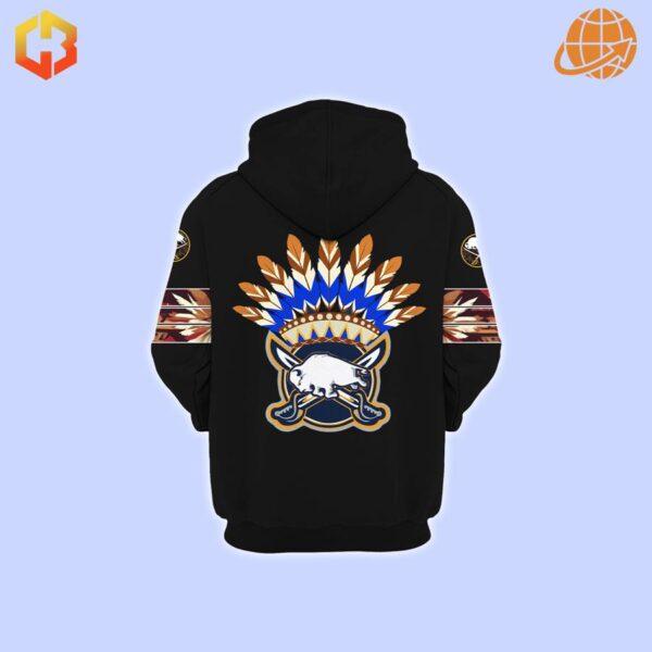 Back view of Buffalo Sabres Native American Heritage Month Hoodie featuring buffalo mascot with feather crown design