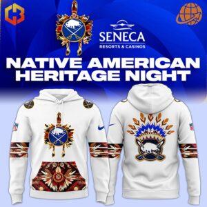 White Buffalo Sabres Native American Heritage Month Hoodie displaying indigenous art elements and team branding