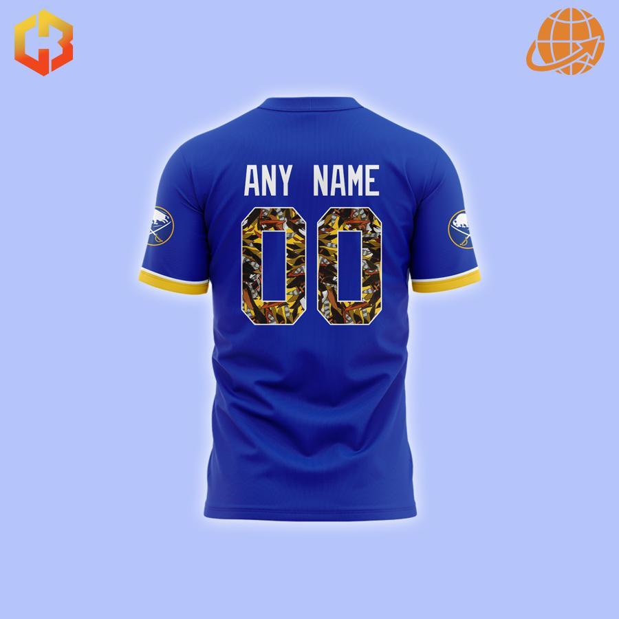 Customizable Buffalo Sabres shirt with vibrant Native American-inspired graphics and personalization options