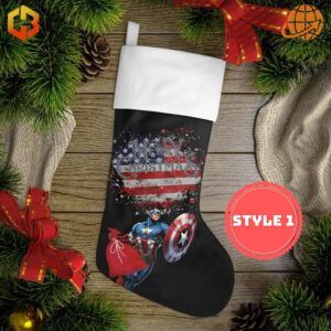 Captain America Christmas Stocking featuring the superhero with his shield on a black background with a distressed American flag and 'Merry Christmas' text.