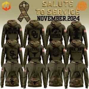 NCAA Salute to Service Camo Hoodies for multiple college teams, including Michigan, Oklahoma, Iowa, Illinois, USC, Texas, Ohio State, and Oregon.