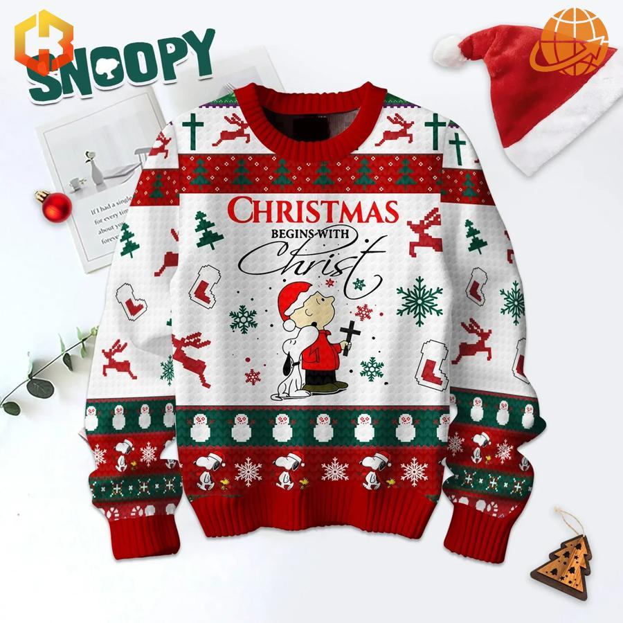 Christmas Begins with Christ Snoopy Sweater with Santa hat and holiday decorations