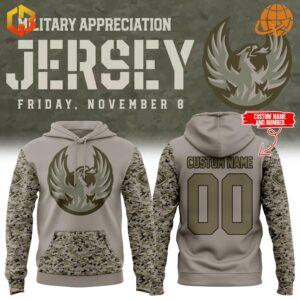 Military Appreciation jersey and hoodie for Coachella Valley Firebirds, showcasing camo pattern and phoenix emblem.