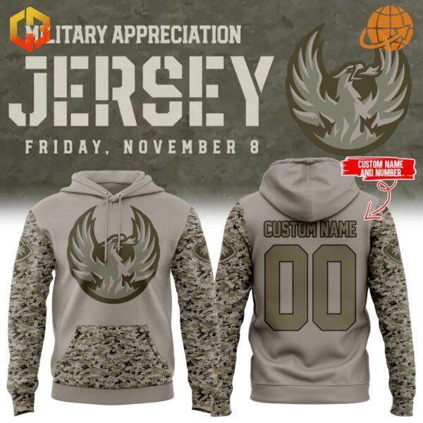 Military Appreciation jersey and hoodie for Coachella Valley Firebirds, showcasing camo pattern and phoenix emblem.