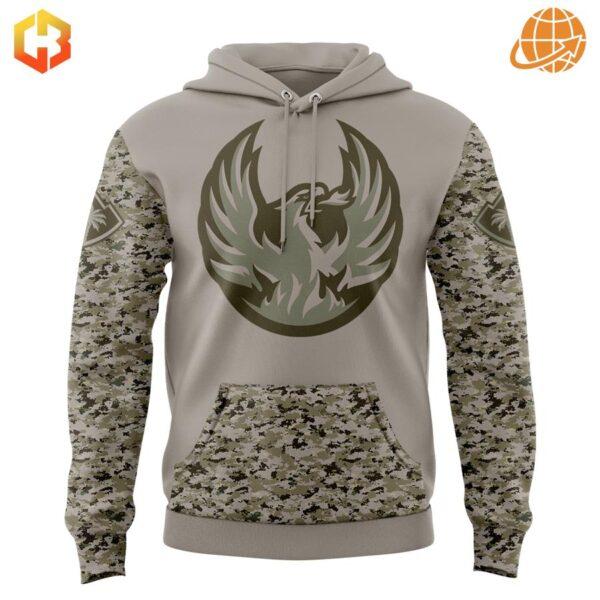 Coachella Valley Firebirds Military Appreciation hoodie front view with phoenix logo and camo details.