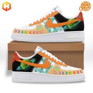 A pair of white Air Force 1 sneakers with colorful details inspired by Coldplay's "Someone Special" music video.