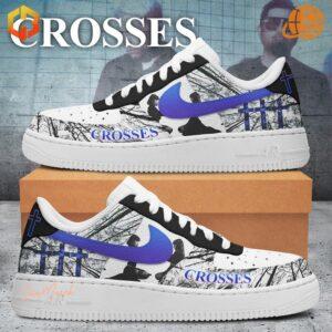 Crosses Band Nike Air Force Shoes with tree branches and silhouettes graphic, purple Nike swoosh, and "Crosses" text on a shoebox.