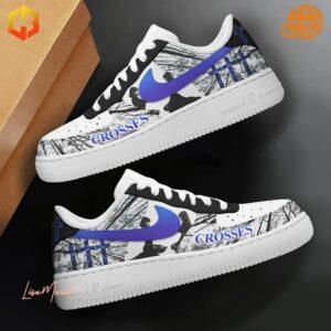 Crosses Band Nike Air Force Shoes with tree branches and silhouettes graphic, purple Nike swoosh, and "Crosses" text against a black background.