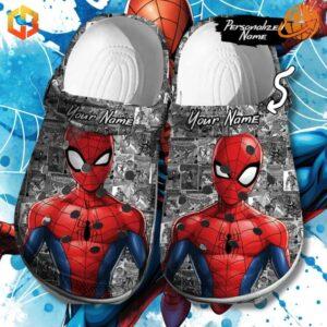 Custom Spider-Man Comic Crocs Shoes with red and blue Spider-Man graphics on black and white comic book background, personalized name option visible.