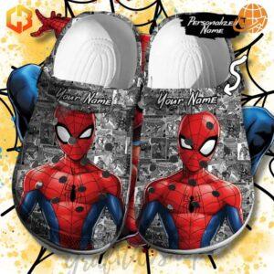 Custom Spider-Man Comic Crocs Shoes displayed on yellow background with web patterns, featuring detailed Spider-Man graphics and personalization option.