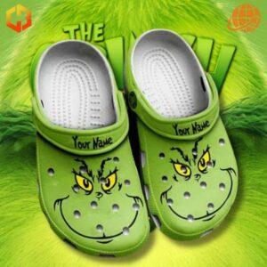 Custom Grinch Crocs Shoes with personalized name straps, displaying the Grinch's face on bright green clogs.