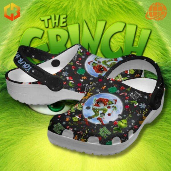 Custom The Grinch Movie Crocs Shoes with festive Christmas design and Grinch character images on a black background.