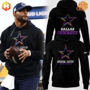 Dallas Cowboys Crucial Catch Hoodie worn by player and product images showing front and back designs.